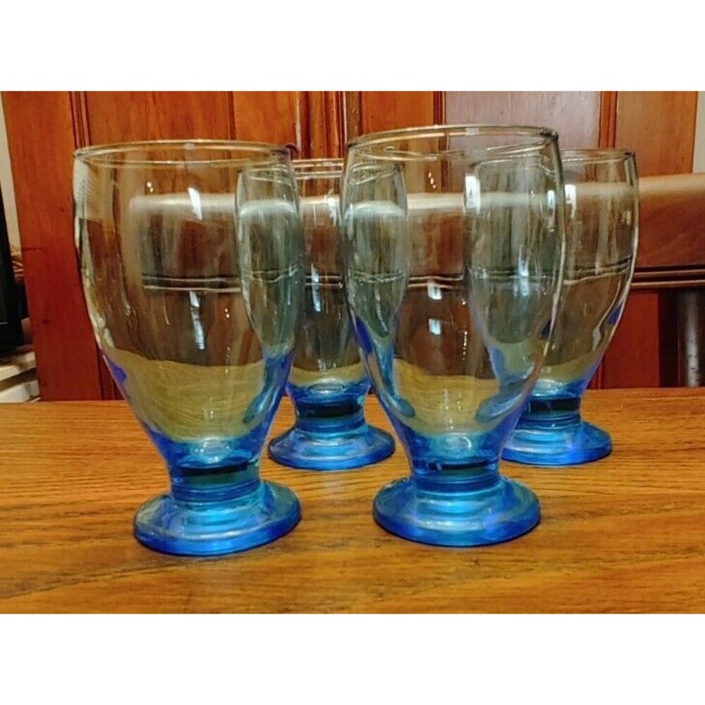4 Vintage Juice Beverage Footed Pedestal Tumbler Glasses Aqua Blue 5 1/2" Tall
